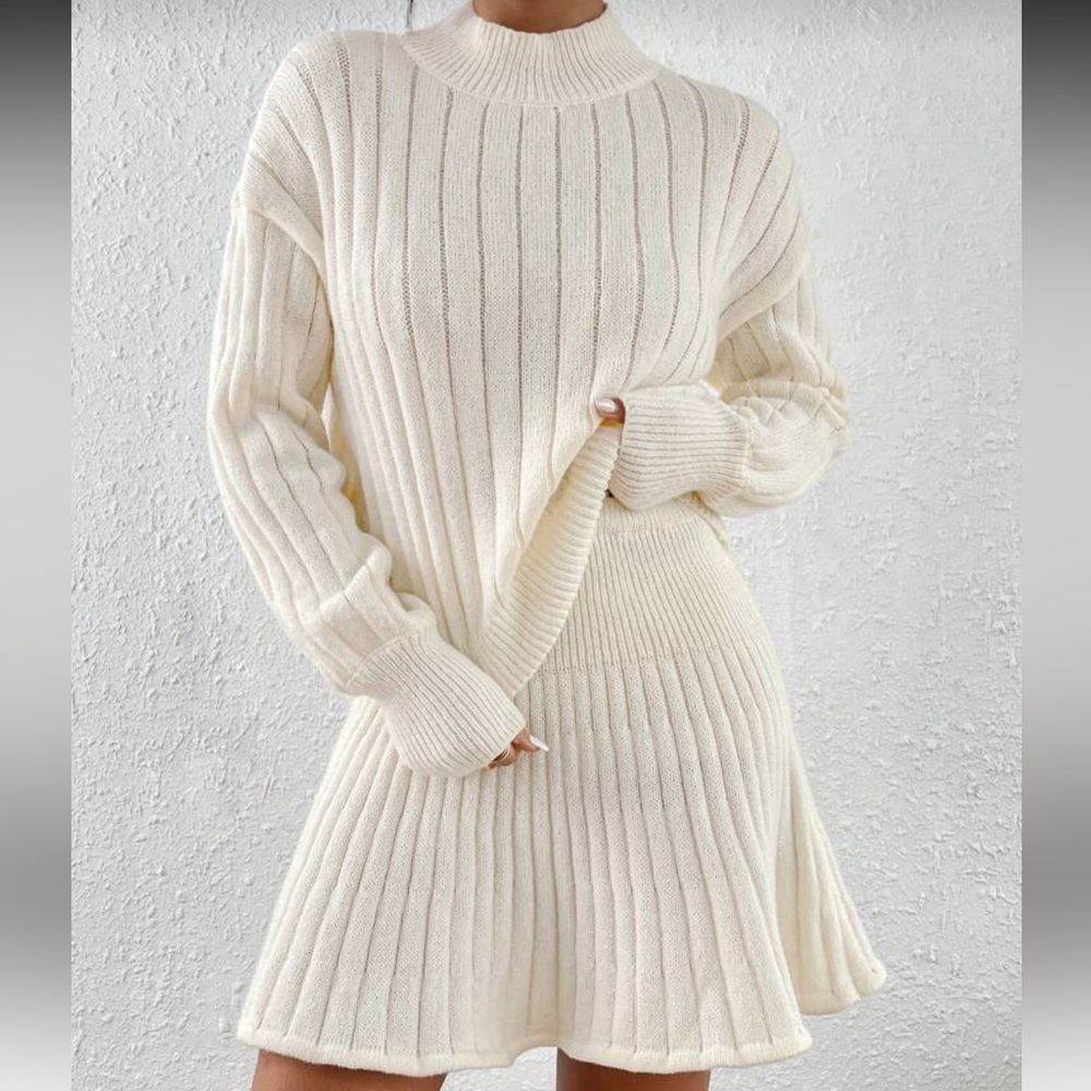 Elegant Cream Mock Neck Sweater & Skirt Set